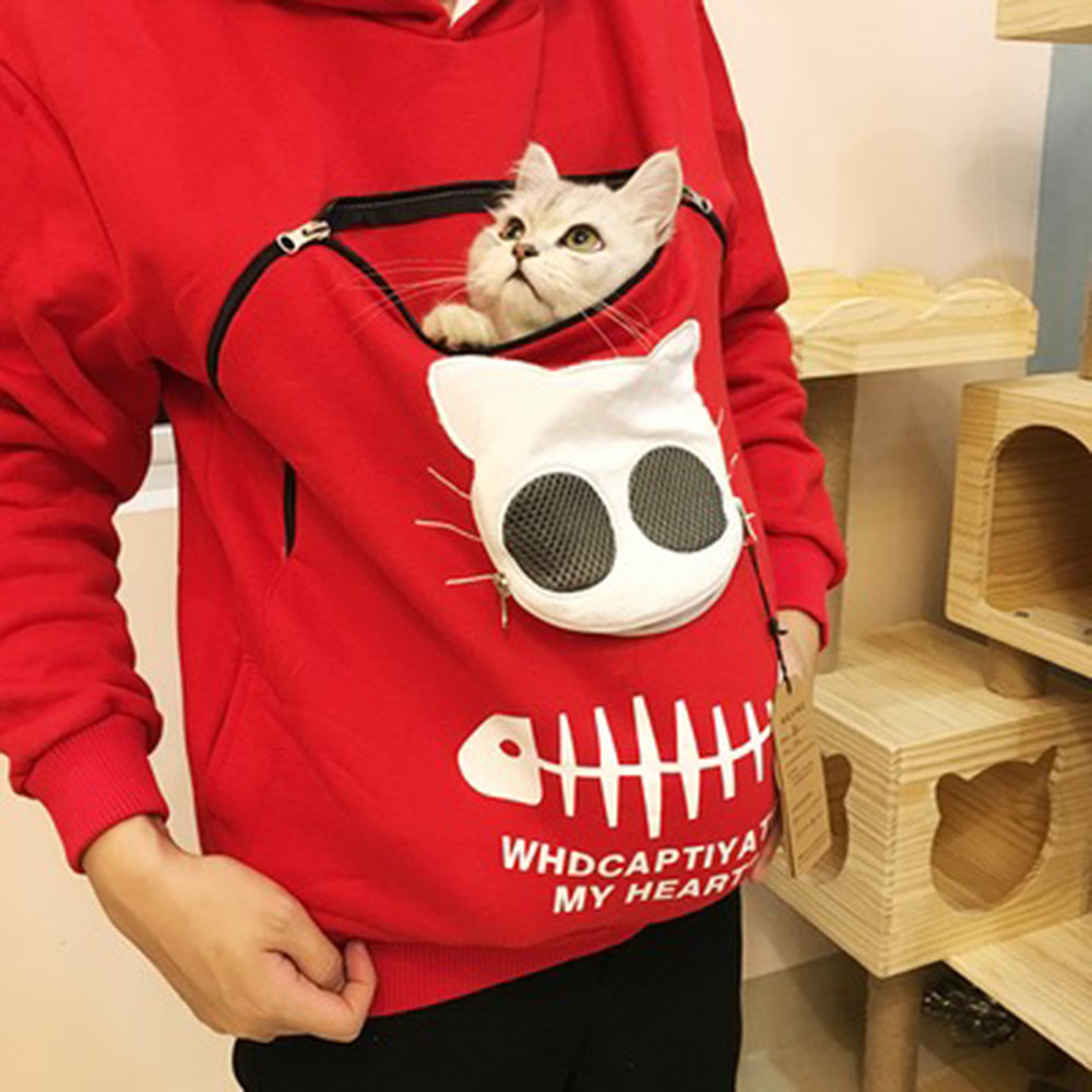 Red Unisex Hoodie with Large Kangaroo Pouch Pet Carrier for Cats and D