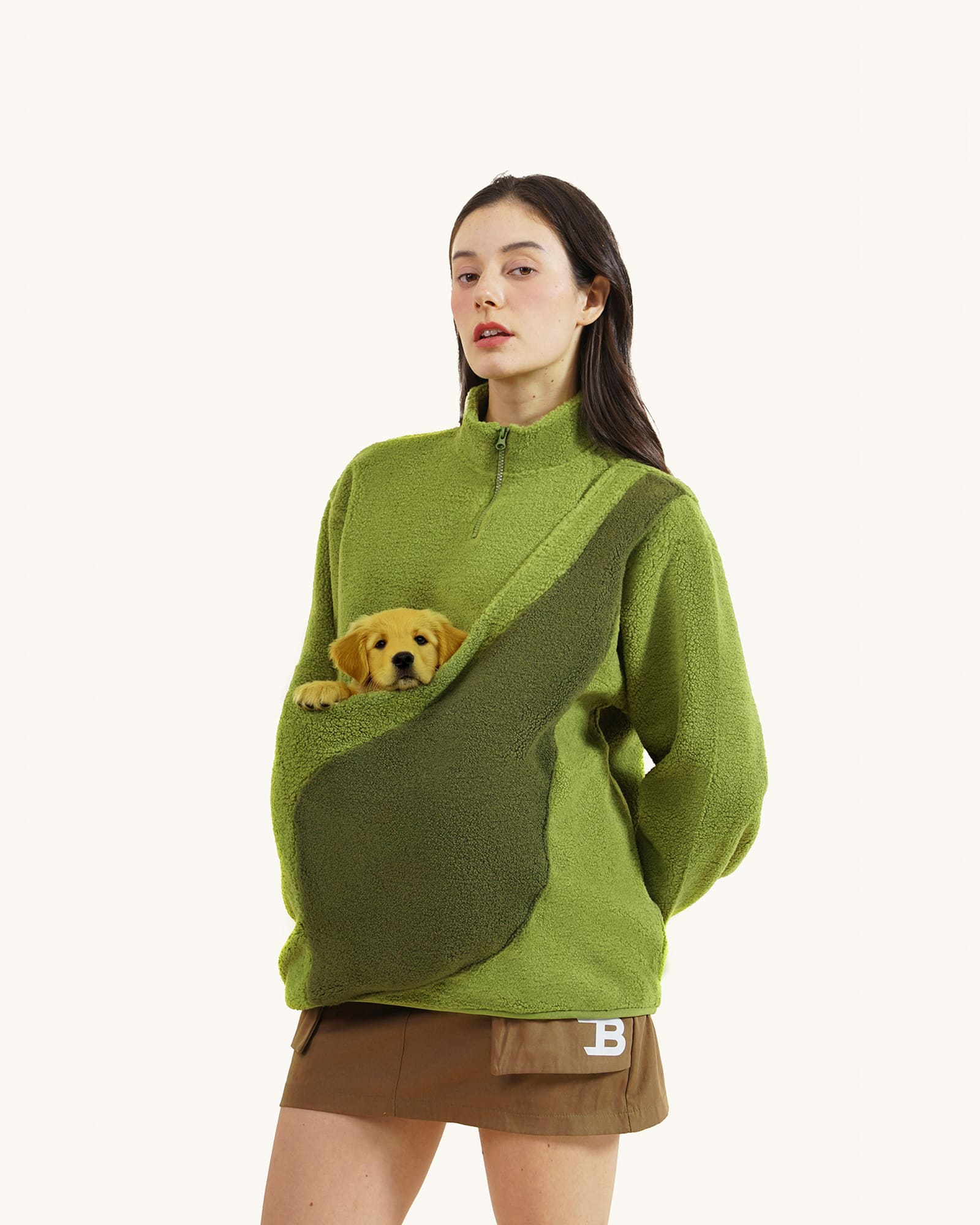 Olive Green, Unisex - Fleece Sweater with Kangaroo pouch pet